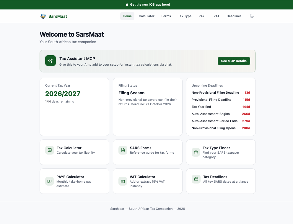 SarsMaat web app in light mode